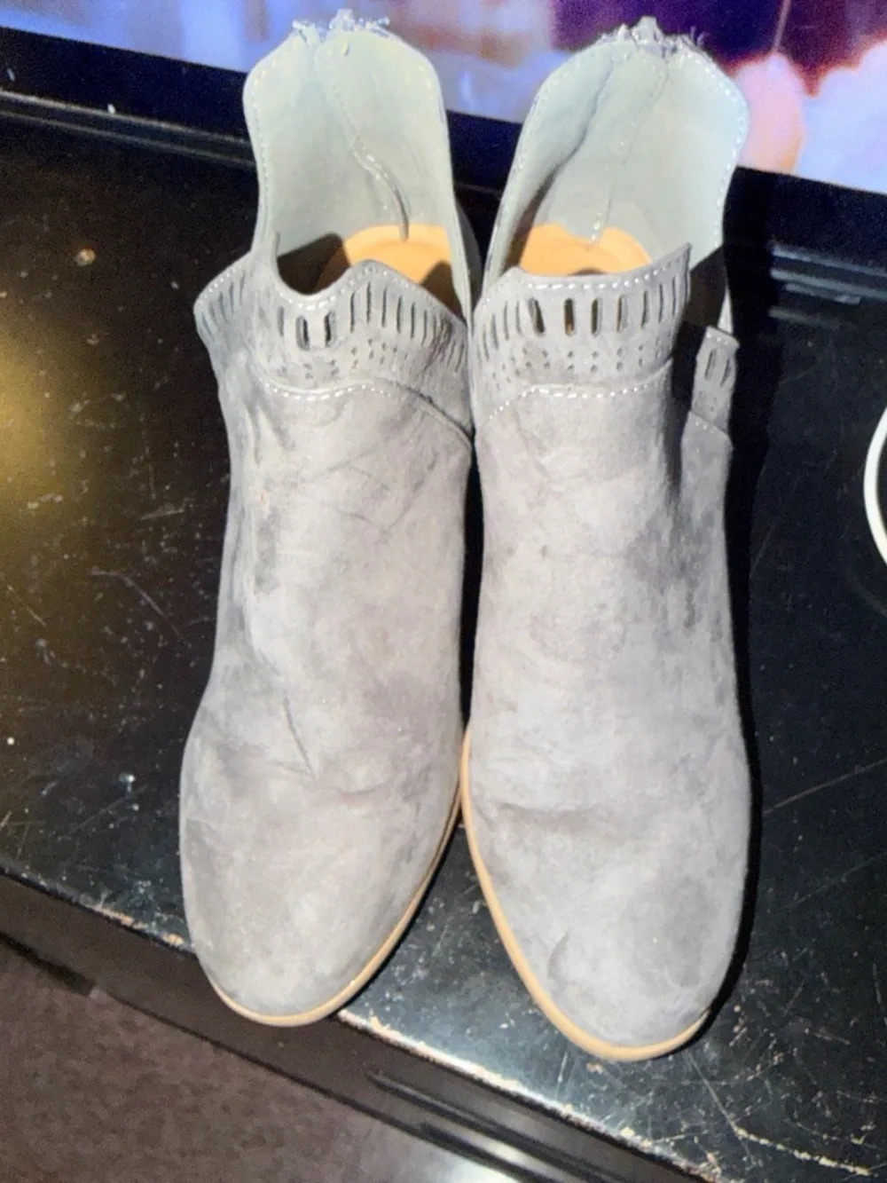 Gray Suede Ankle Booties with Cutout Detail